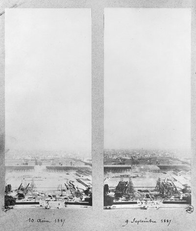 Zwei Ansichten des Baus des Eiffelturms, Paris, 10. August und 9. September 1887 von French Photographer